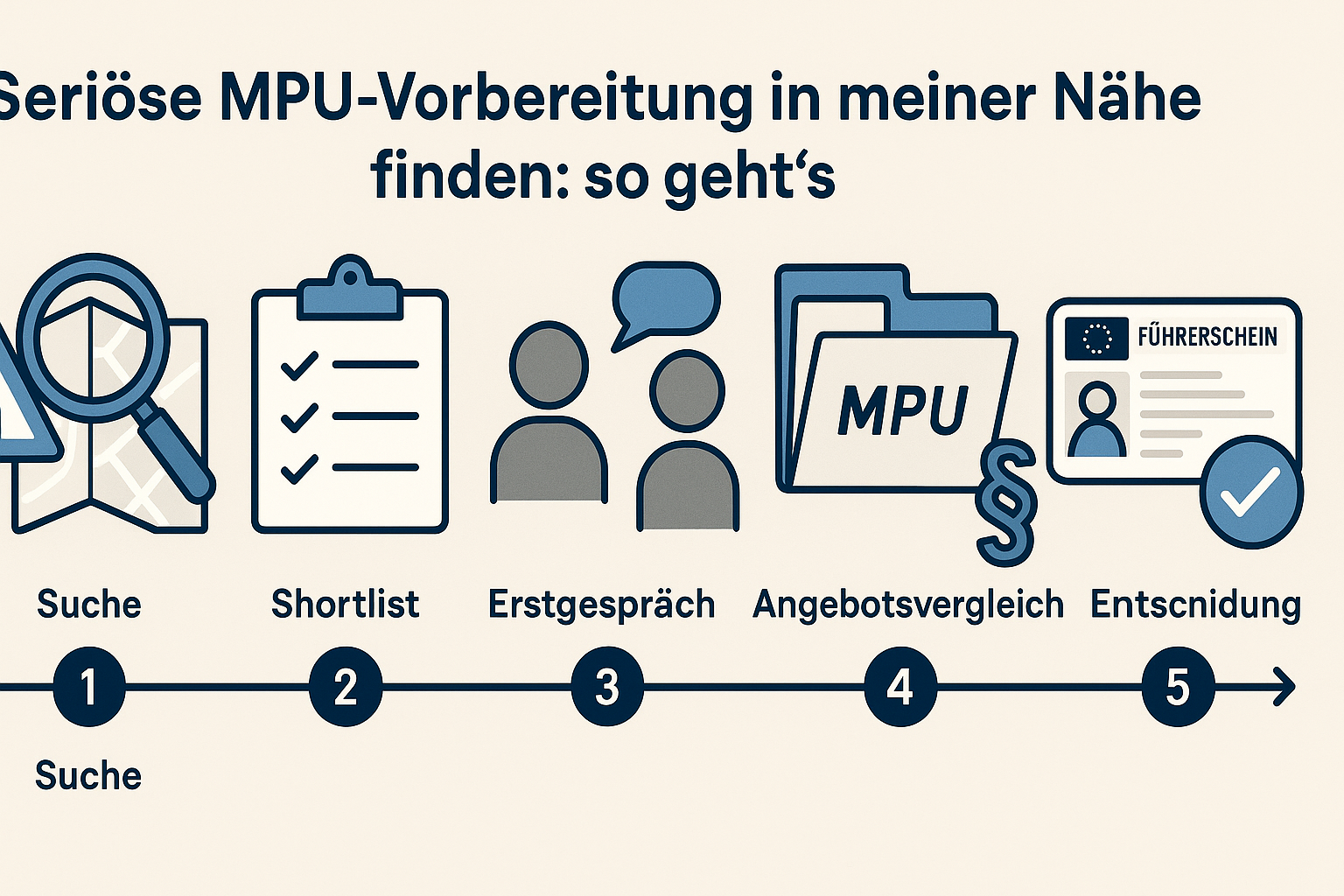 Infografik zeigt sechs Schritte zur Auswahl einer seriösen MPU-Vorbereitung vor Ort.