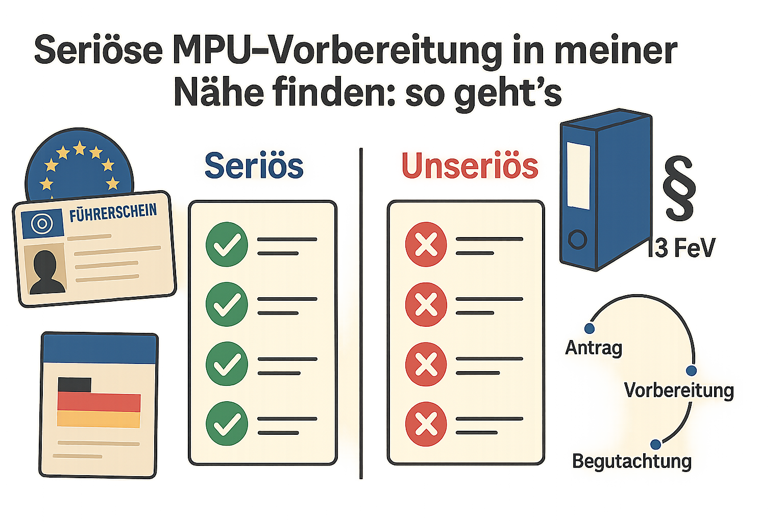 Gegenüberstellung von seriösen Kriterien und roten Warnsignalen bei der Wahl einer MPU-Vorbereitung.