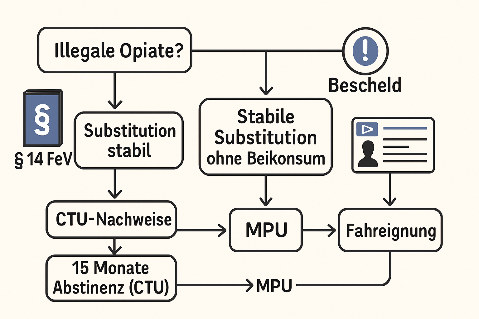 Schaubild mit Entscheidungswegen zur MPU bei Substitution und den Voraussetzungen.