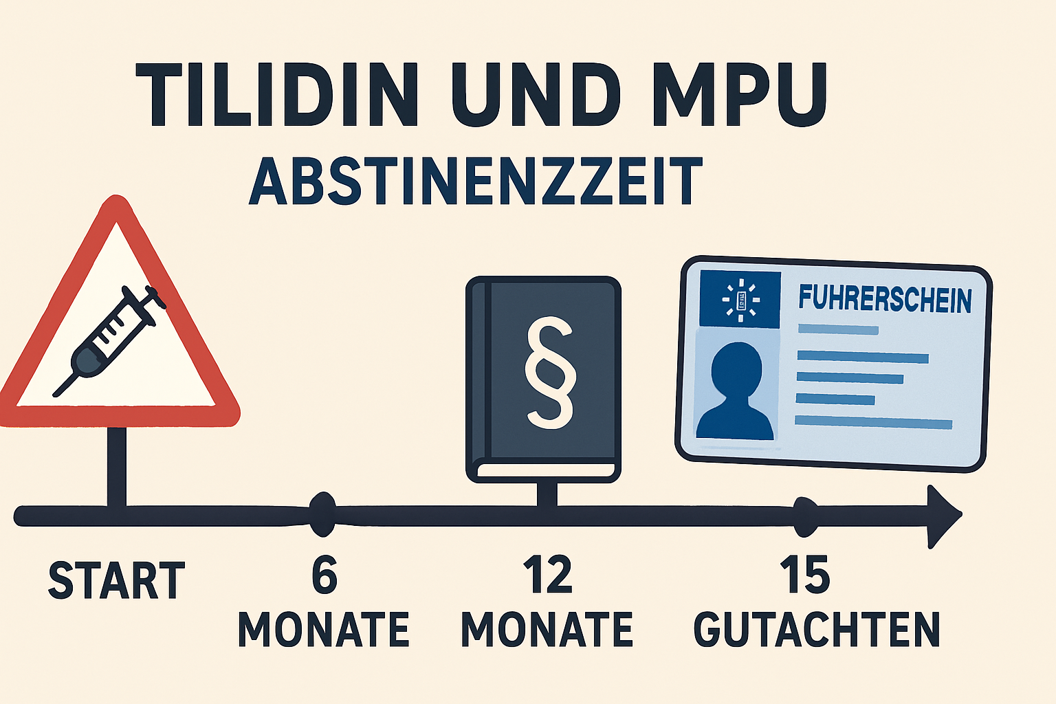Zeitstrahl zeigt 15 Monate MPU-Abstinenz bei Tilidin bis zum Gutachtenabschluss.