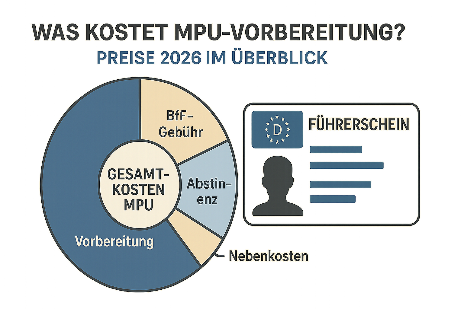Kreisdiagramm zeigt die Kostenblöcke Vorbereitung, BfF-Gebühr, Abstinenz, Nebenkosten der MPU.