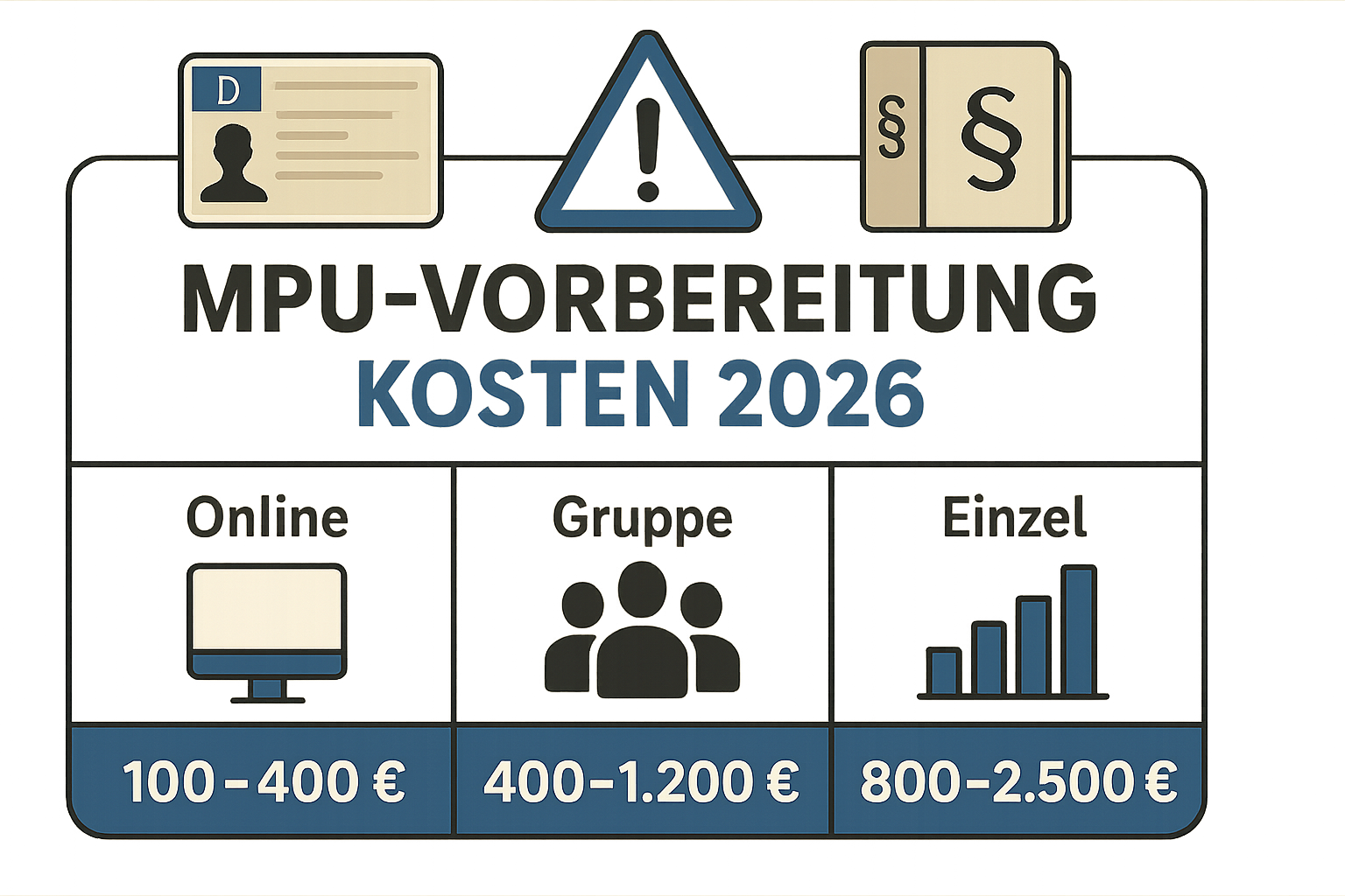 Infografik mit Preis-Spannen für MPU-Vorbereitung: Online 100–400 €, Gruppe 400–1.200 €, Einzel 800–2.500 €.